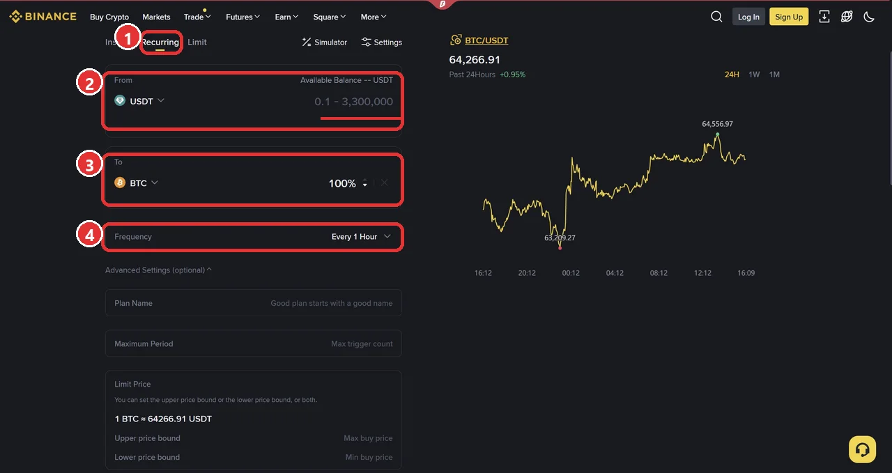 바이낸스 Auto-Invest 정기매수 설정 화면, 네 단계 빨간 표시: Recurring 탭·From USDT·To BTC·Frequency