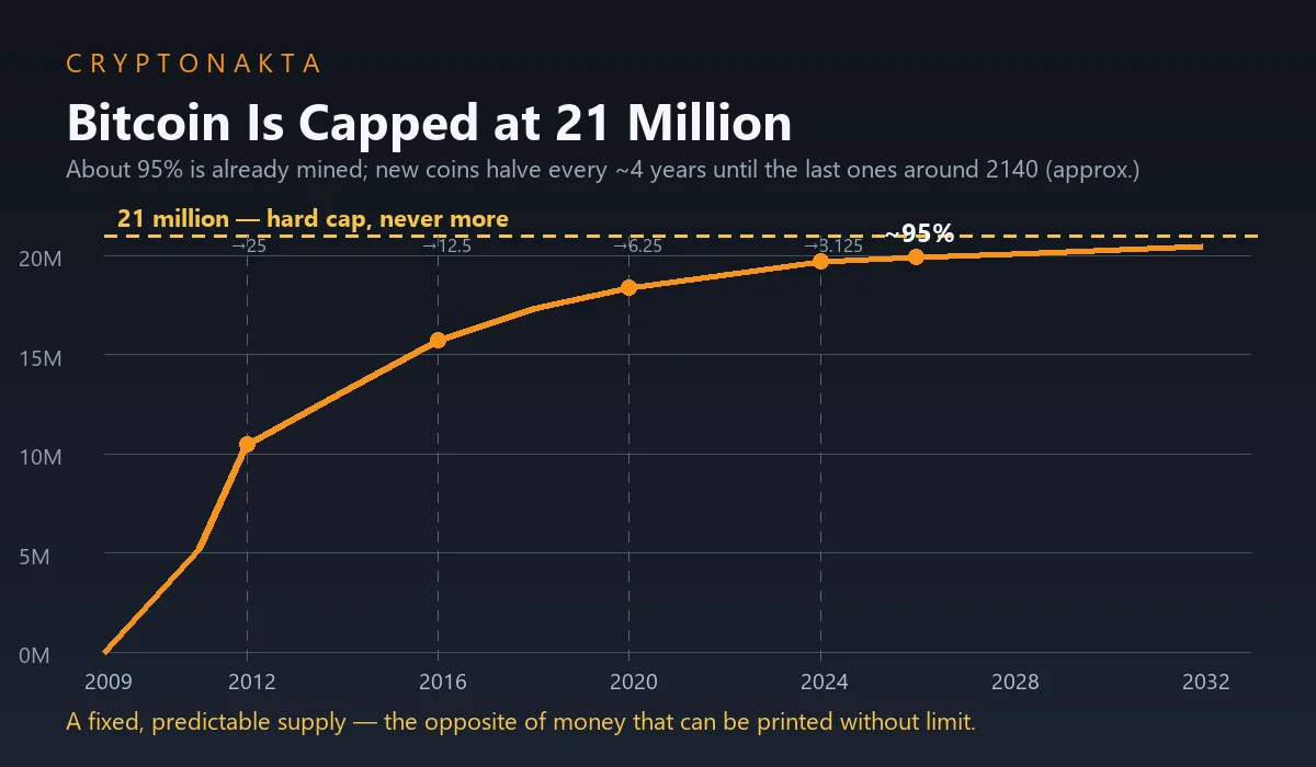 Line chart: Bitcoin's cumulative supply rising toward its fixed 21 million cap — about 95% already mined by 2026, with issuance halving roughly every four years (50 to 25 to 12.5 to 6.25 to 3.125 BTC) until around 2140. Cryptonakta.