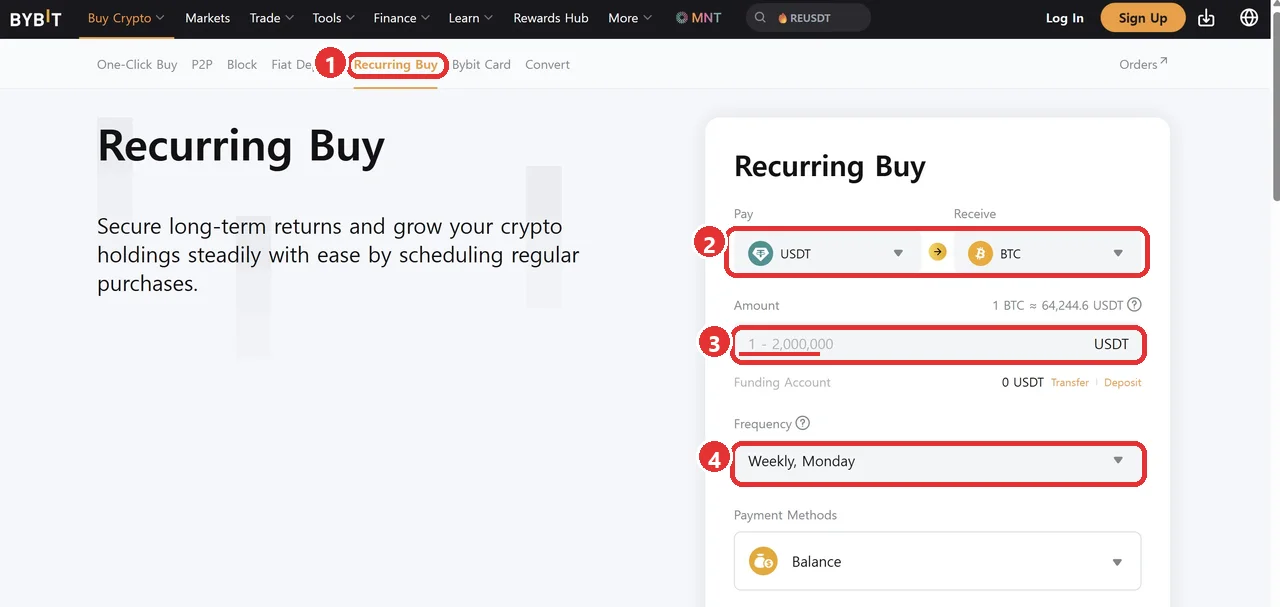 바이비트 Recurring Buy 설정 화면, 네 단계 빨간 표시: Recurring Buy 탭·Pay USDT→Receive BTC·Amount(최소 1)·Frequency 매주