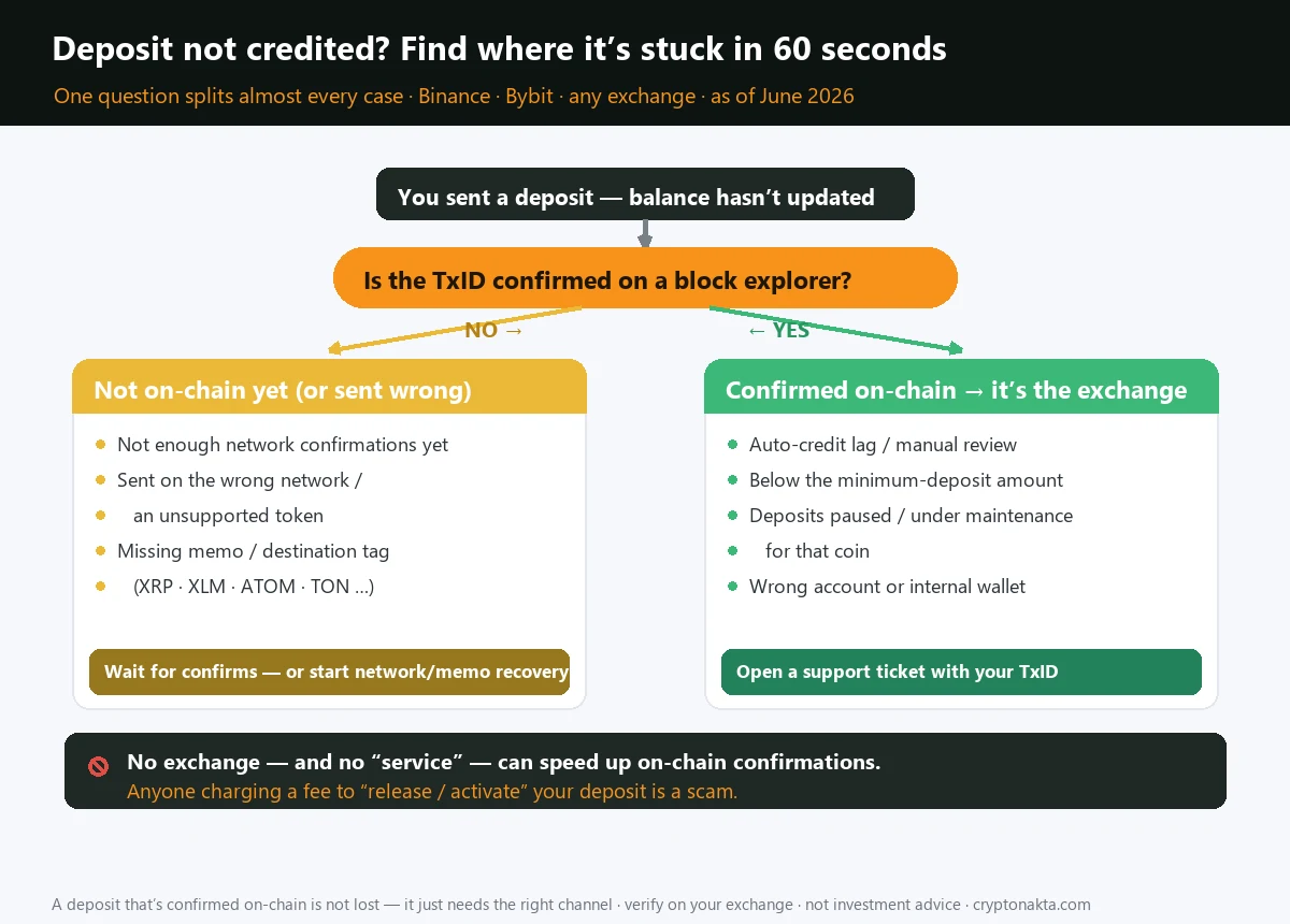 Fluxograma de diagnóstico de depósito de cripto não creditado — o TxID já está confirmado em um explorador de blocos? se não, ainda está na rede ou foi enviado errado; se sim, a demora é da corretora (abra um chamado com o TxID)