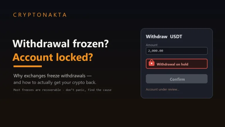 Crypto withdrawal frozen and account locked: an exchange withdraw screen showing a 2,000 USDT withdrawal on hold with a red lock badge and a disabled confirm button while the account is under review, illustrating the guide on why exchanges freeze withdrawals and how to get your crypto back — Cryptonakta