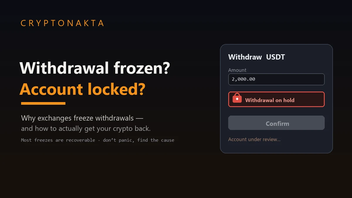 Crypto withdrawal frozen and account locked: an exchange withdraw screen showing a 2,000 USDT withdrawal on hold with a red lock badge and a disabled confirm button while the account is under review, illustrating the guide on why exchanges freeze withdrawals and how to get your crypto back — Cryptonakta