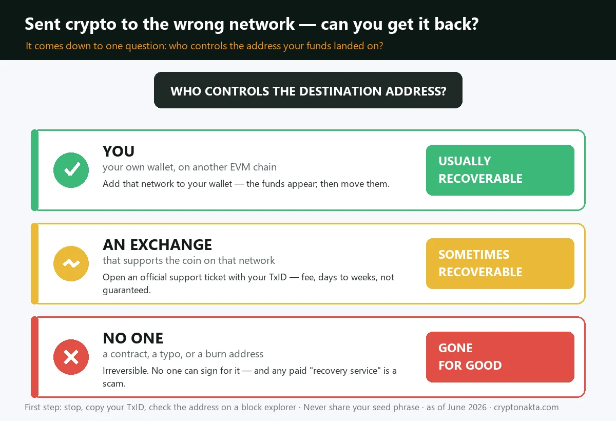 Flowchart: can you recover crypto sent to the wrong network? It depends on who controls the destination address — you (your wallet on another EVM chain, usually recoverable), an exchange that supports the coin (sometimes, via support), or no one — a contract, typo or burn address (gone for good; recovery services are scams)