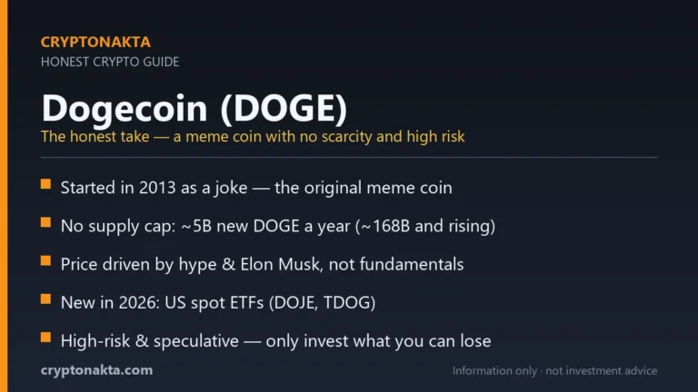 Summary card: Dogecoin (DOGE) honest key facts — a 2013 meme coin with no supply cap (~5B new per year, ~168B circulating), price driven by hype and Elon Musk, 2026 US spot ETFs, high-risk and speculative. Cryptonakta.