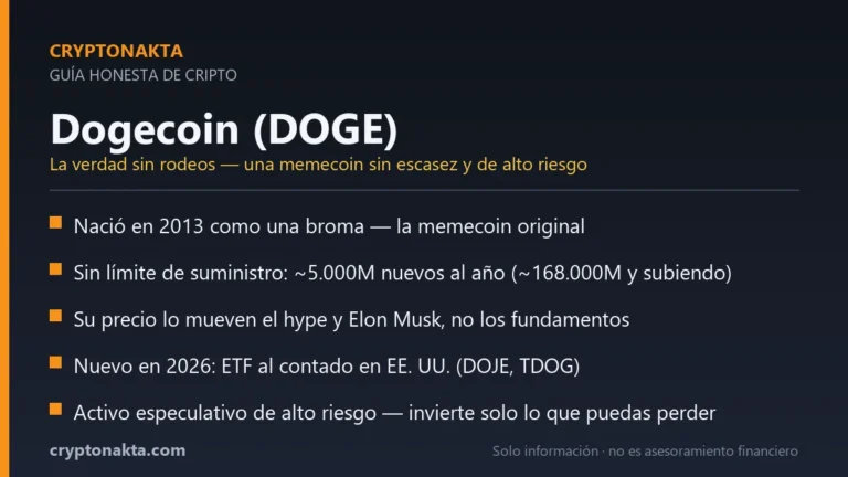 Tarjeta resumen: claves honestas de Dogecoin — memecoin de 2013, sin límite de suministro, movida por el hype, ETF en EE. UU. 2026, alto riesgo. Cryptonakta.
