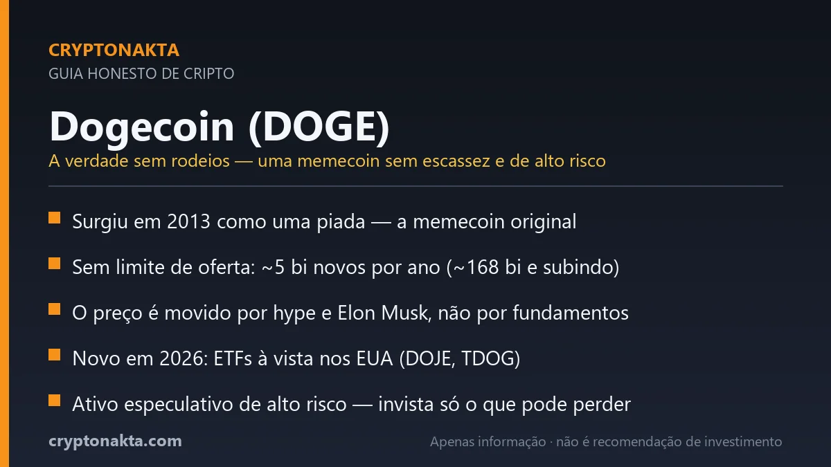 Cartão resumo: fatos honestos da Dogecoin — memecoin de 2013, sem limite de oferta, movida por hype, ETFs nos EUA em 2026, alto risco. Cryptonakta.