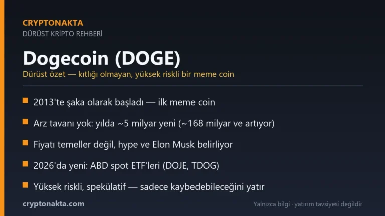 Özet kart: Dogecoin dürüst gerçekler — 2013 meme coin, arz tavanı yok, hype odaklı, 2026 ABD ETF, yüksek risk. Cryptonakta.