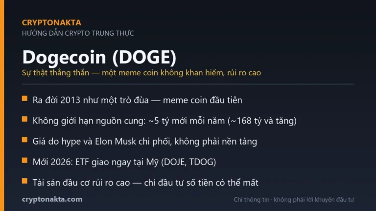Thẻ tóm tắt: sự thật về Dogecoin — meme coin 2013, không giới hạn cung, do hype dẫn dắt, ETF Mỹ 2026, rủi ro cao. Cryptonakta.