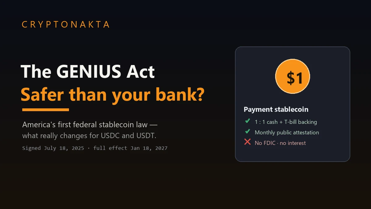 The GENIUS Act, America's first federal stablecoin law: a $1 payment-stablecoin card showing 1:1 cash and Treasury backing and monthly attestation, but no FDIC insurance and no interest, illustrating whether a regulated stablecoin is safer than a bank deposit and what changes for USDC and USDT — signed July 18 2025, full effect January 18 2027 — Cryptonakta