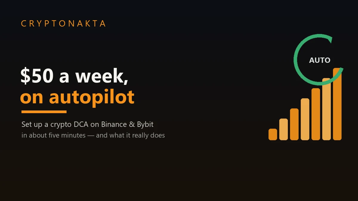 How to set up a $50-a-week crypto DCA on Binance and Bybit — coins stacking up automatically each week with a recurring auto arrow — Cryptonakta