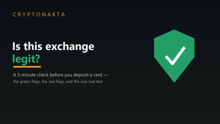 How to tell if a crypto exchange is legit — a green shield with a check mark, the guide gives a 5-minute checklist of green flags and red flags before you deposit — Cryptonakta