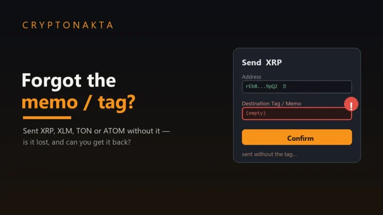 Sent crypto without a memo or destination tag — a deposit form showing a filled XRP address but an empty, red-outlined Destination Tag / Memo field, illustrating the guide on whether funds sent without a memo are lost and how to recover them — Cryptonakta