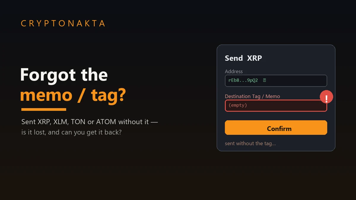 Sent crypto without a memo or destination tag — a deposit form showing a filled XRP address but an empty, red-outlined Destination Tag / Memo field, illustrating the guide on whether funds sent without a memo are lost and how to recover them — Cryptonakta