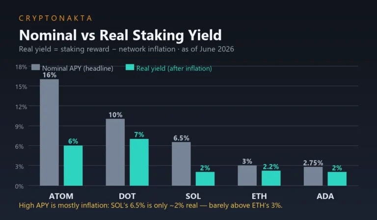 Bar chart: nominal vs real staking yield 2026 — ATOM 16% drops to 6% real, SOL 6.5% to 2%, DOT 10% to 7%, ETH 3% to 2.2%, ADA 2.75% to 2% (real yield = reward minus inflation). Cryptonakta.