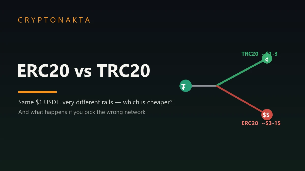 USDT ERC20 vs TRC20: the same $1 token on two rails — TRC20 about $1-3 and cheap, ERC20 about $3-15 and pricier — which is cheaper and what happens if you pick the wrong network — Cryptonakta