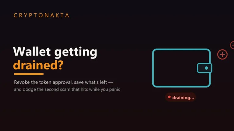 Wallet getting drained: a self-custody wallet with coins escaping out of it and a red draining status — the guide explains how to revoke a malicious token approval, save what is left, and avoid the recovery scam — Cryptonakta