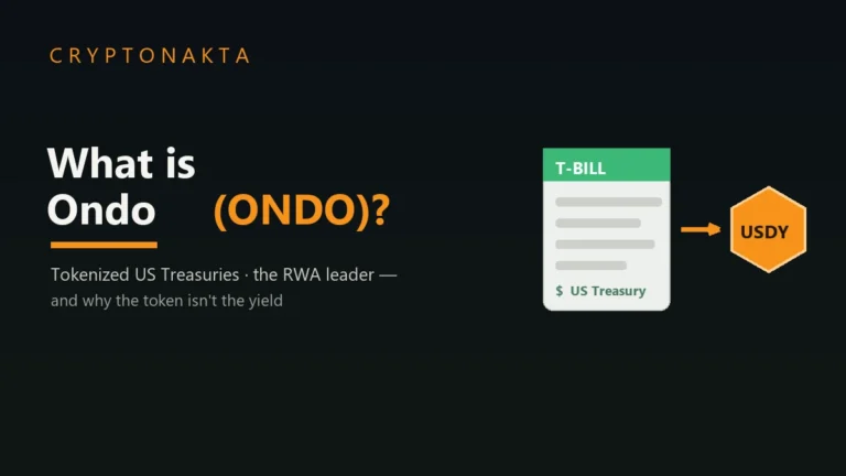 What is Ondo (ONDO)? A US Treasury bill being turned into a USDY token — the guide explains tokenized US Treasuries, the RWA leader, and why the ONDO token is not the yield — Cryptonakta