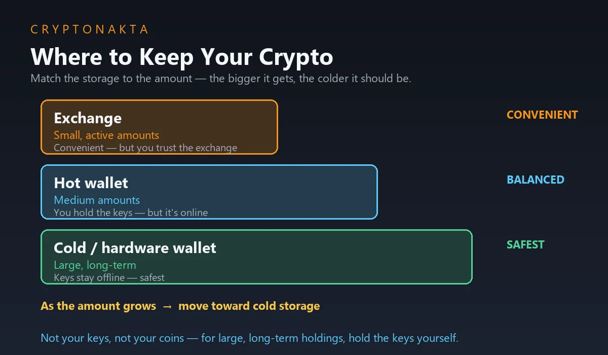 Dónde guardar tus criptomonedas según la cantidad: un exchange para sumas pequeñas y activas, un monedero caliente para cantidades medias, un monedero frío o hardware para tenencias grandes a largo plazo — cuanto mayor, más frío