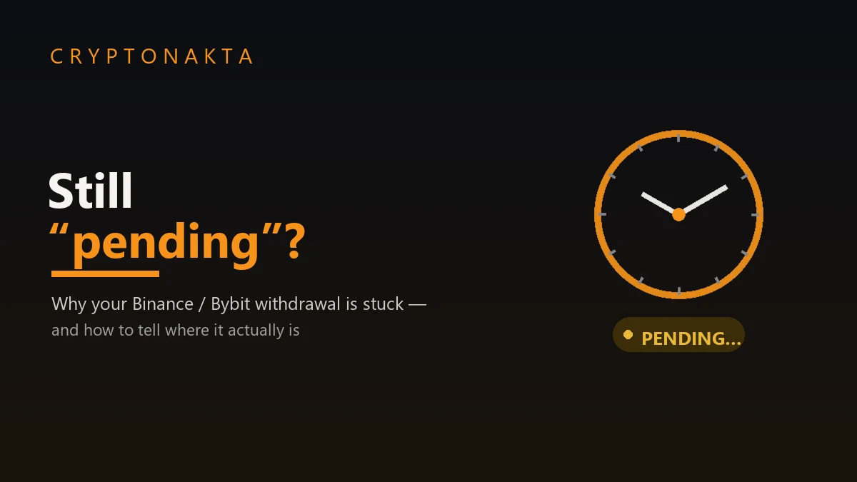 Why is my crypto withdrawal still pending? A clock and a PENDING status pill — the guide explains why a Binance or Bybit withdrawal gets stuck and how to tell where it actually is — Cryptonakta