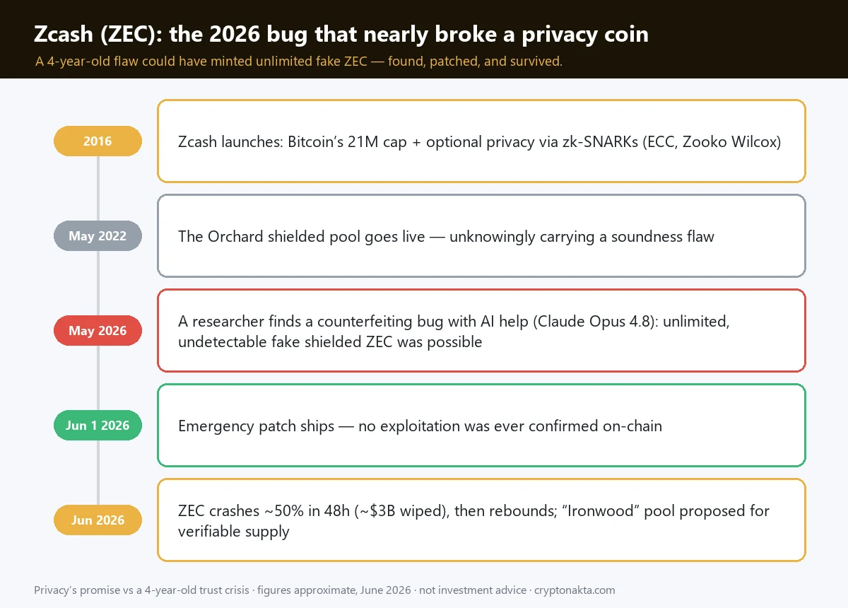 Dòng thời gian Zcash ZEC 2026: ra mắt 2016 với trần 21 triệu và riêng tư zk-SNARK; bể che chắn Orchard chạy từ tháng 5/2022 mang một lỗ hổng ẩn; tháng 5/2026 một nhà nghiên cứu tìm ra lỗi làm giả nhờ AI; bản vá khẩn cấp ra trước 1/6 không xác nhận bị khai thác; ZEC rơi ~50% rồi bật lại và đề xuất bể Ironwood cho nguồn cung kiểm chứng được