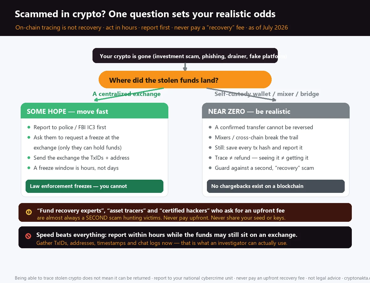 Fluxograma de decisão para recuperar cripto após um golpe: onde o dinheiro roubado parou decide suas chances reais. Se está numa corretora com KYC há alguma esperança denunciando rápido à Polícia Federal ou ao IC3 e pedindo o bloqueio; se foi para uma carteira própria, um misturador ou uma ponte, recuperar é quase impossível. Rastrear não é recuperar, e todo serviço de recuperação que cobra adiantado é um segundo golpe. Fluxograma de decisão para recuperar cripto após um golpe: onde o dinheiro roubado parou decide suas chances reais. Se está numa corretora com KYC há alguma esperança denunciando rápido à Polícia Federal ou ao IC3 e pedindo o bloqueio; se foi para uma carteira própria, um misturador ou uma ponte, recuperar é quase impossível. Rastrear não é recuperar, e todo serviço de recuperação que cobra adiantado é um segundo golpe.
