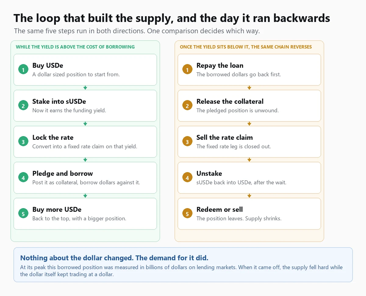 Nothing about the dollar changed. The demand for it did. Diagram of the leveraged carry loop that inflated the supply of a yield bearing dollar and of the same chain running in reverse: while the yield sits above the cost of borrowing the five steps repeat, and once it sits below, repaying, releasing the collateral, closing the fixed rate leg, unstaking and redeeming run the other way until the supply shrinks