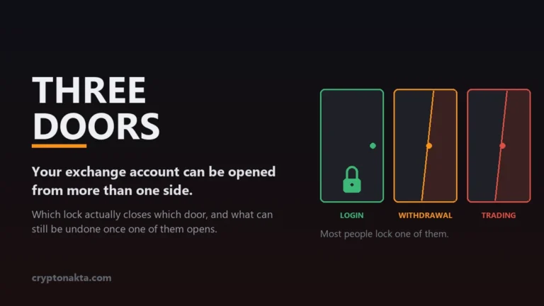 Exchange account security explained as three doors: a login door and a withdrawal door shown locked with padlocks, and a trading door standing open, illustrating that a crypto exchange account can be reached from more than one side and that most people lock only one of the three, introducing a guide to which lock closes which door and what can still be undone after an account takeover - Cryptonakta
