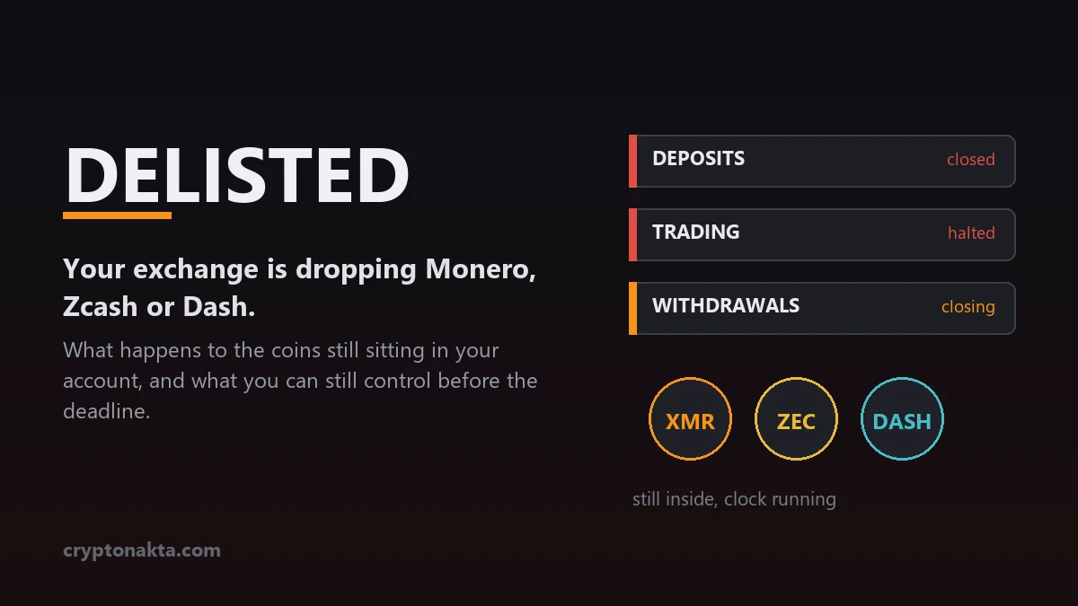 Privacy coin delisting explained: an exchange shutter coming down in three stages with deposits closed, trading halted and withdrawals closing, while Monero, Zcash and Dash coins sit below still inside the account with the clock running, introducing a guide to what happens to delisted coins and what a holder can still control before the withdrawal deadline - Cryptonakta