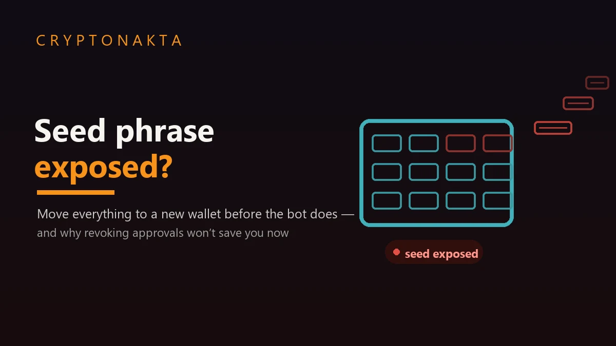 Seed phrase exposed: a recovery-phrase card with word slots and some words leaking out of it under a red seed-exposed status — the guide explains how to move everything to a new wallet before the sweeper bot, and why revoking token approvals will not save you once the seed itself is out — Cryptonakta