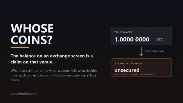 A crypto exchange balance card reading one bitcoin transforming into an unsecured claim card when the venue fails, illustrating that the number shown on an exchange screen is a claim on that venue rather than a coin held at an address the user controls, with the amount and the timing of any repayment decided by a process the customer does not run - Cryptonakta
