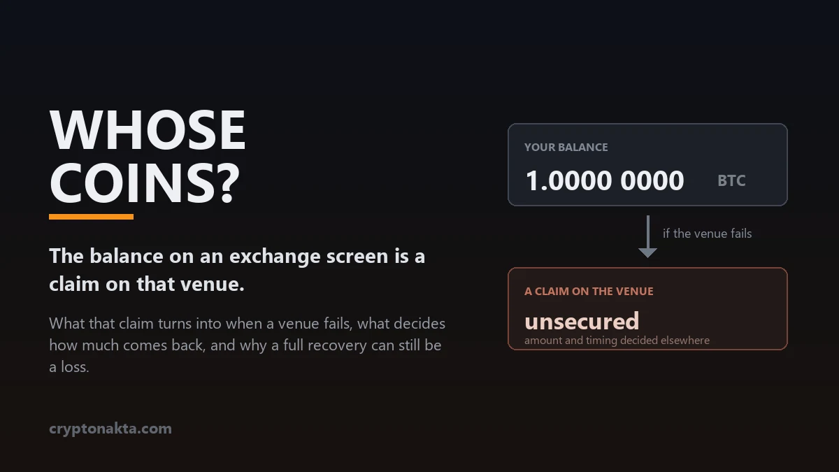 A crypto exchange balance card reading one bitcoin transforming into an unsecured claim card when the venue fails, illustrating that the number shown on an exchange screen is a claim on that venue rather than a coin held at an address the user controls, with the amount and the timing of any repayment decided by a process the customer does not run - Cryptonakta