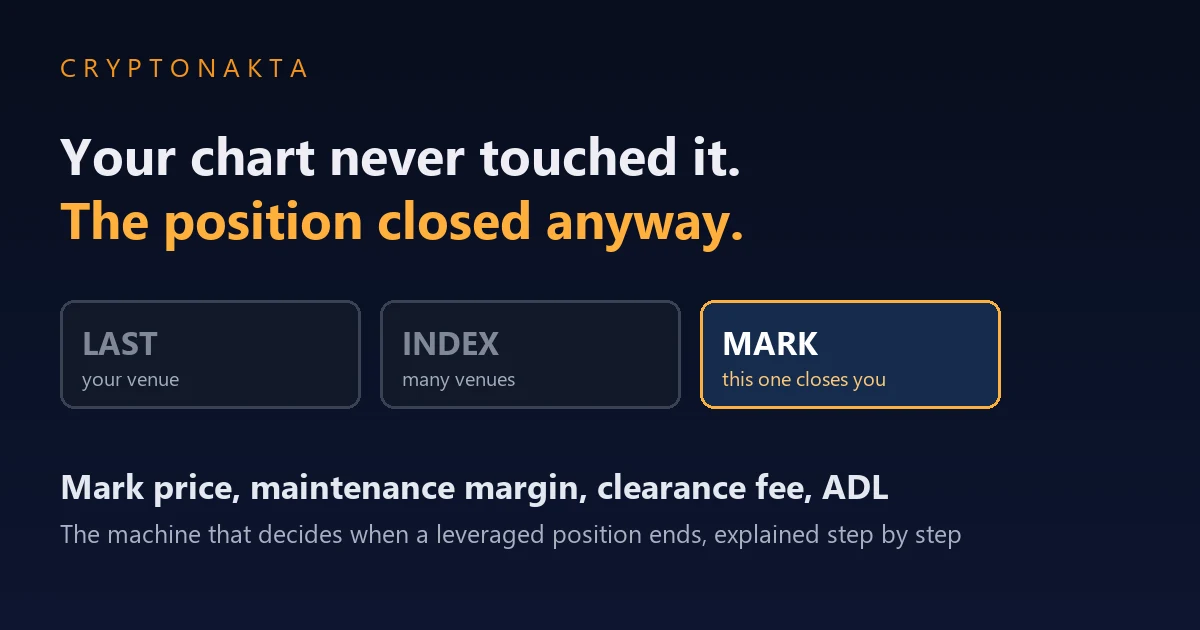 Crypto futures liquidation explained. Three price chips labelled last price on your own venue, index price across many venues, and mark price highlighted as the one that closes the position, under the line that your chart never touched it and the position closed anyway - Cryptonakta