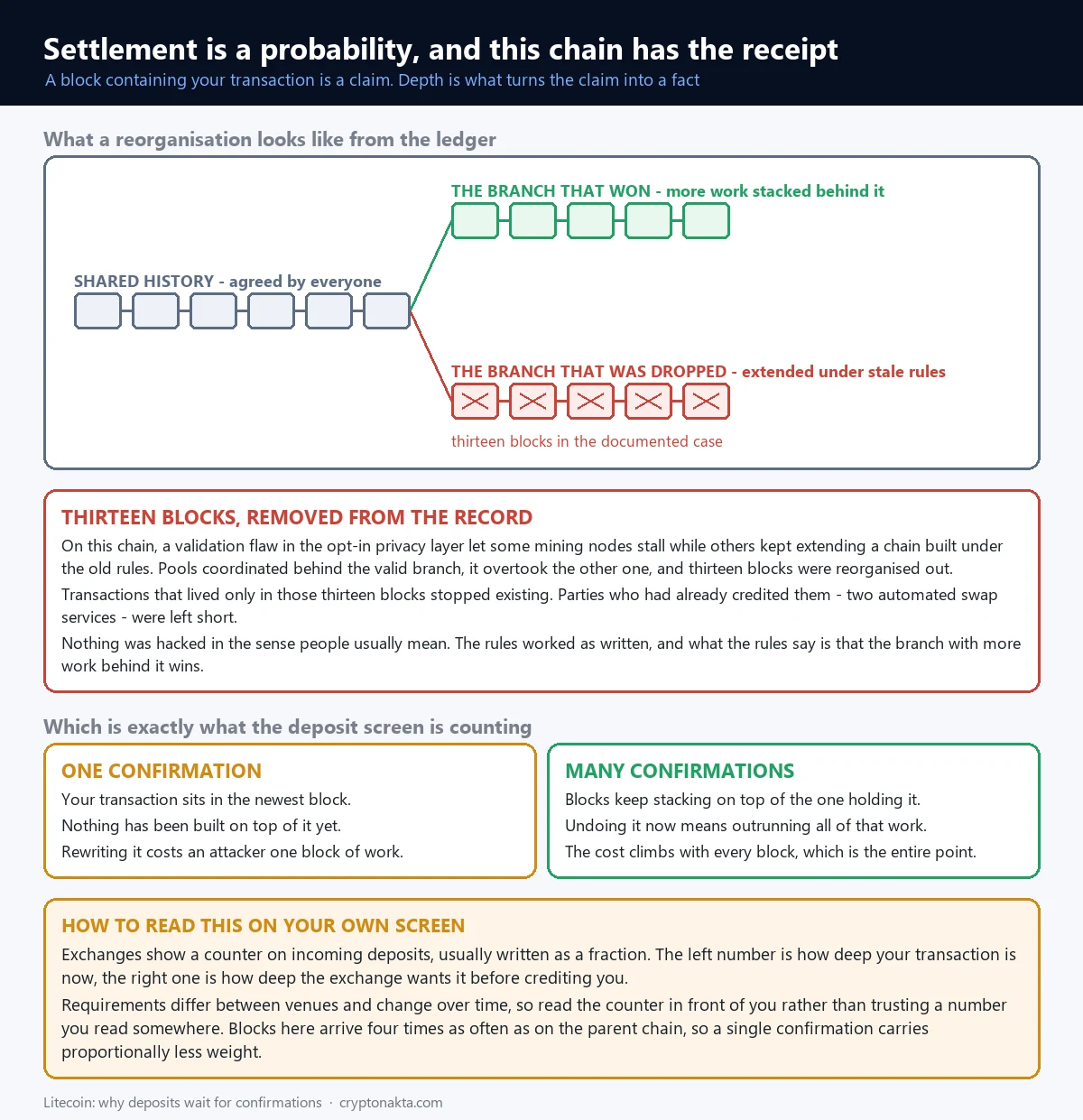 Diagram of why confirmation on the Litecoin chain is a matter of probability. At the top a shared run of blocks splits: the green branch carries more work behind it and wins, while the red branch continues under the old rules and is discarded, every block marked with an X, thirteen of them in the documented case. A red panel explains that a validation defect in the opt-in privacy layer stalled some mining nodes, other miners kept extending the old chain, and thirteen blocks were rolled back once the pools regrouped, costing two automated exchange services. Two panels compare one confirmation with several, and a closing panel reads the depth counter an exchange shows on a deposit. - Cryptonakta Diagram of why confirmation on the Litecoin chain is a matter of probability. At the top a shared run of blocks splits: the green branch carries more work behind it and wins, while the red branch continues under the old rules and is discarded, every block marked with an X, thirteen of them in the documented case. A red panel explains that a validation defect in the opt-in privacy layer stalled some mining nodes, other miners kept extending the old chain, and thirteen blocks were rolled back once the pools regrouped, costing two automated exchange services. Two panels compare one confirmation with several, and a closing panel reads the depth counter an exchange shows on a deposit. - Cryptonakta