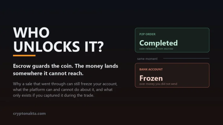 A completed peer-to-peer crypto sale shown beside a frozen bank account, illustrating that escrow protects the coin side of the trade while the money that arrives in the bank sits outside the platform's reach
