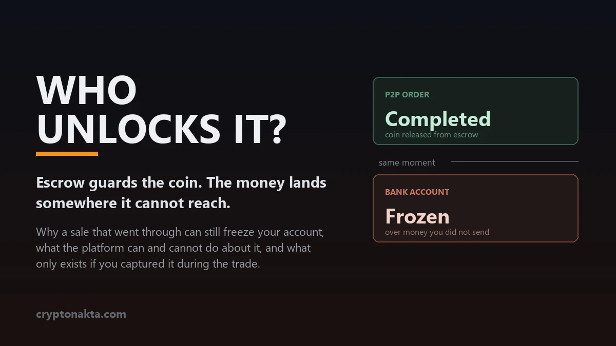 A completed peer-to-peer crypto sale shown beside a frozen bank account, illustrating that escrow protects the coin side of the trade while the money that arrives in the bank sits outside the platform's reach