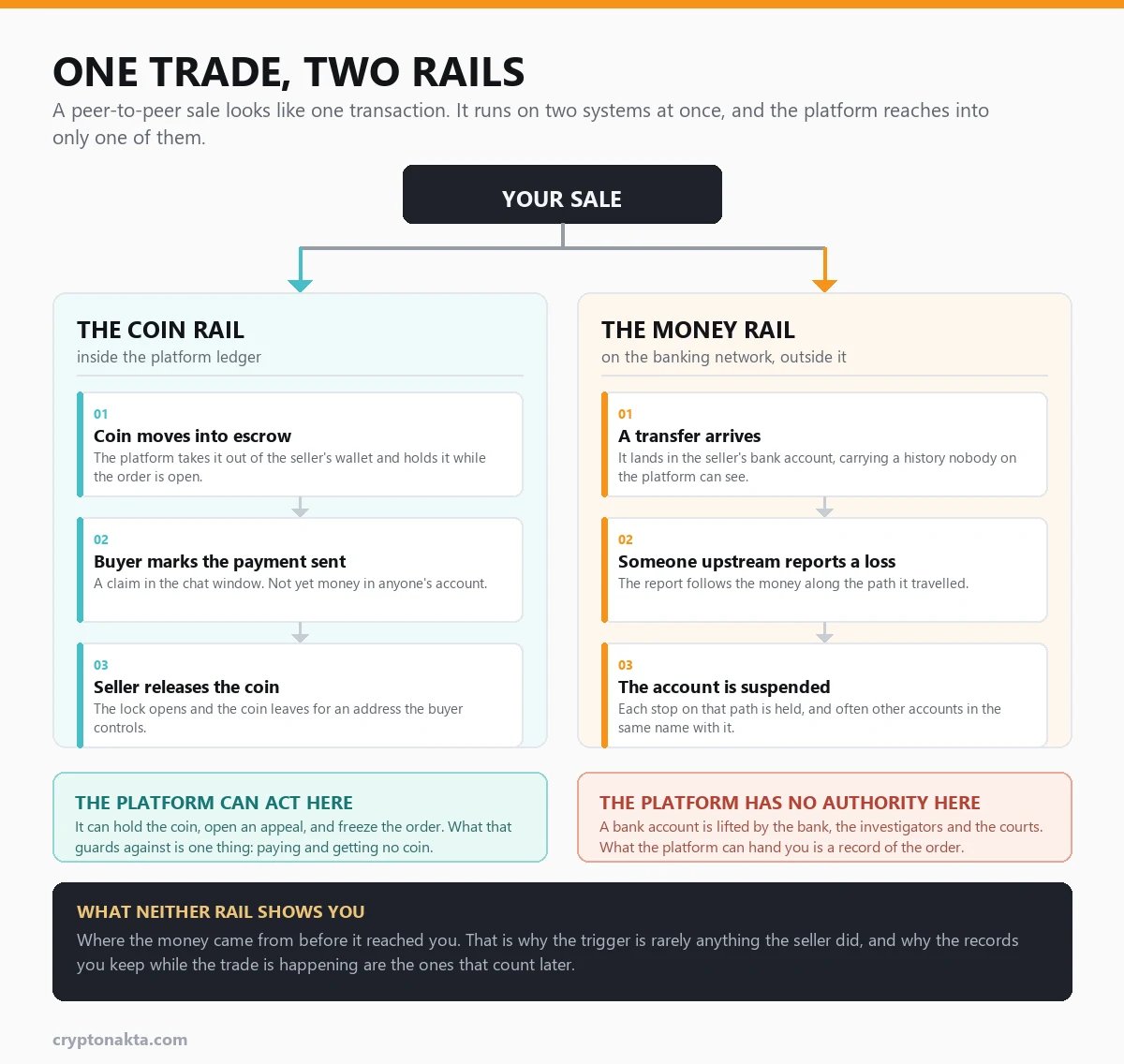 Diagrama de una operación P2P que corre por dos vías al mismo tiempo: la vía de la cripto dentro del libro de la plataforma, donde la custodia retiene y libera la orden, y la vía del dinero en la red bancaria, fuera de su alcance, donde llega una transferencia, una denuncia recorre el camino que hizo ese dinero y la cuenta queda bloqueada sin que la plataforma pueda intervenir