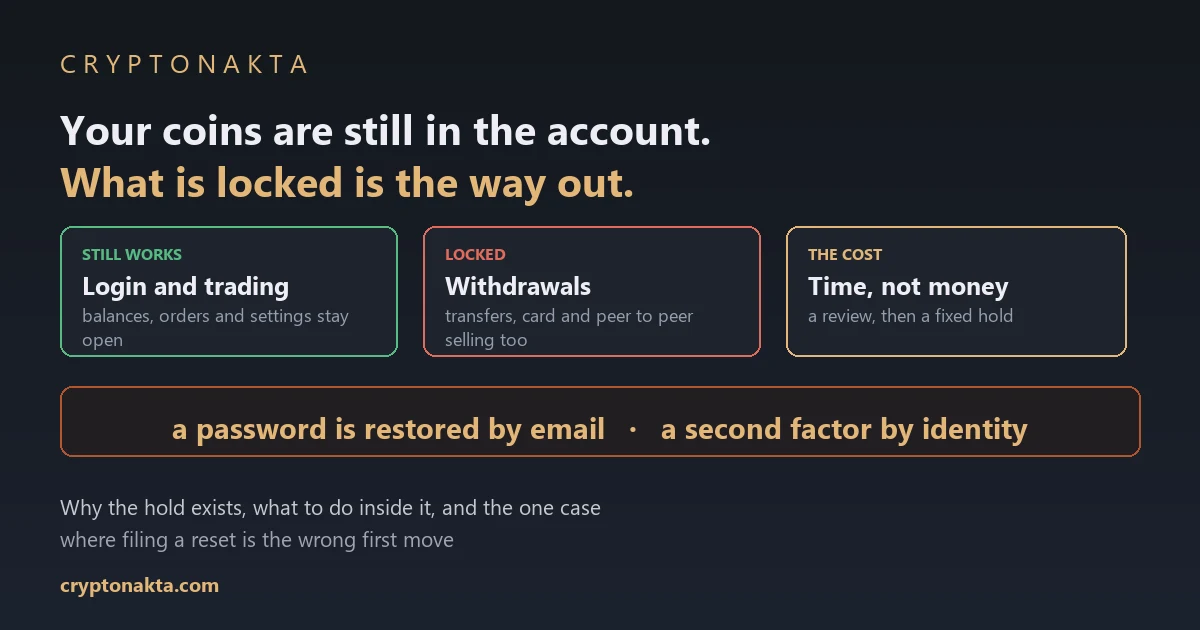 Cover image for a guide to losing two-factor authentication on a crypto exchange. The headline states that your coins are still in the account and that what is locked is the way out. Three cards below sort the situation: one marked as still working reads login and trading, with balances, orders and settings staying open; one marked as locked reads withdrawals, including transfers, card spending and peer to peer selling; and one marked as the cost reads time rather than money, being a review followed by a fixed hold. A wide panel underneath states that a password is restored by email while a second factor is restored by identity. Lines at the foot say the article covers why the hold exists, what to do inside it, and the one case where filing a reset is the wrong first move - Cryptonakta