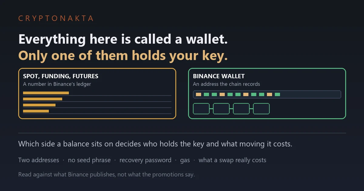 Cover image for a guide to Binance Wallet. Under the line that everything here is called a wallet and only one of them holds your key, two cards sit side by side. The left card is labelled spot, funding and futures and is drawn as a ruled ledger page with entries written on it, described as a number in Binance own ledger. The right card is labelled Binance Wallet and is drawn as an address followed by a row of linked blocks, described as an address the chain records. A closing line states that which side a balance sits on decides who holds the key and what moving it costs, and lists what the guide covers: the two different addresses, the absence of a seed phrase, the recovery password, network gas, and what a swap really costs. A final note says the article is written against what Binance publishes rather than what the promotions say - Cryptonakta