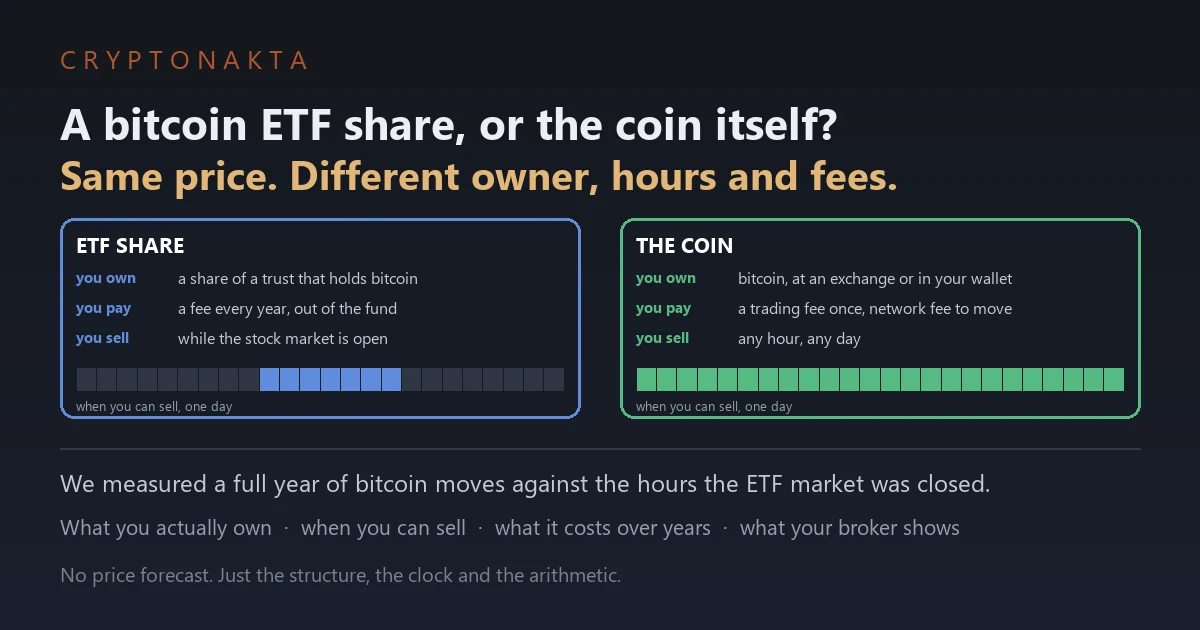 Cover image for an article comparing a spot bitcoin ETF share with owning bitcoin directly. Under the line that both follow the same price but differ in owner, hours and fees, two cards sit side by side. The ETF share card says you own a share of a trust that holds bitcoin, you pay a fee every year out of the fund, and you sell while the stock market is open, with a one-day timeline showing only the daytime trading hours lit. The coin card says you own bitcoin at an exchange or in your wallet, you pay a trading fee once and a network fee to move it, and you sell any hour of any day, with the whole timeline lit. A closing line says the article measured a full year of bitcoin moves against the hours the ETF market was closed, and lists what it covers: what you actually own, when you can sell, what it costs over years, and what your broker shows - Cryptonakta