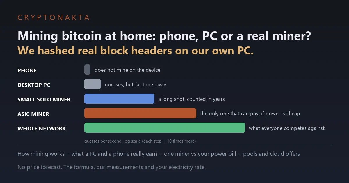 Cover image for an article on bitcoin mining at home. A log-scale diagram compares guesses per second: a phone, which does not mine on the device; a desktop PC, which guesses far too slowly; a small solo miner, a long shot counted in years; an ASIC miner, the only one that can pay if power is cheap; and the whole network everyone competes against. The article hashed real block headers on its own PC and covers how mining works, what a PC and a phone really earn, one miner against a household power bill, and pools and cloud offers - Cryptonakta