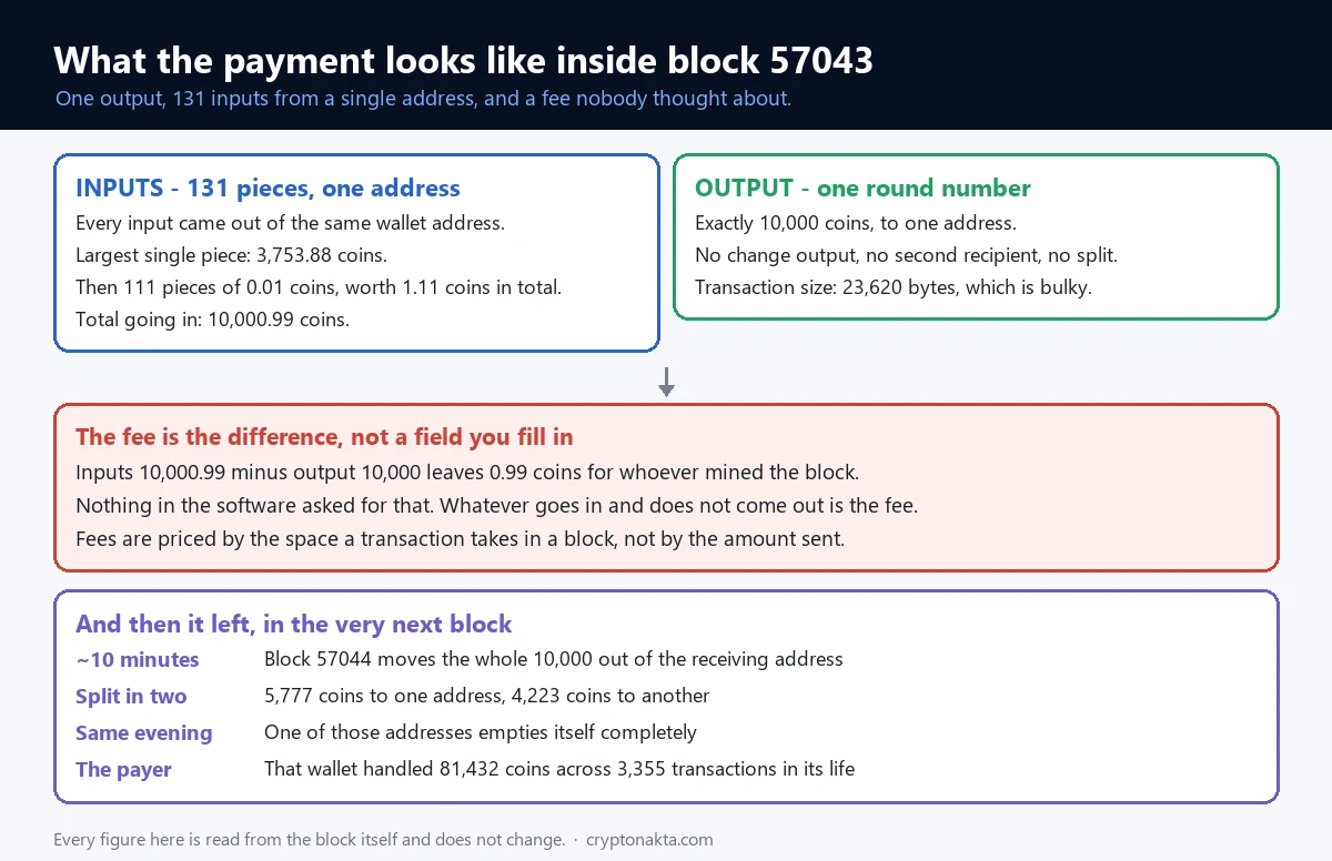 Sơ đồ khoản trả mười nghìn bitcoin như được ghi trong block 57043 cho thấy một trăm ba mươi mốt đầu vào đến từ cùng một địa chỉ trong đó có một trăm mười một mảnh bằng một phần trăm coin, một đầu ra duy nhất mười nghìn coin, khoản phí gần một coin còn sót lại, và số coin lại rời đi ở block kế tiếp chia làm hai mảnh - Cryptonakta