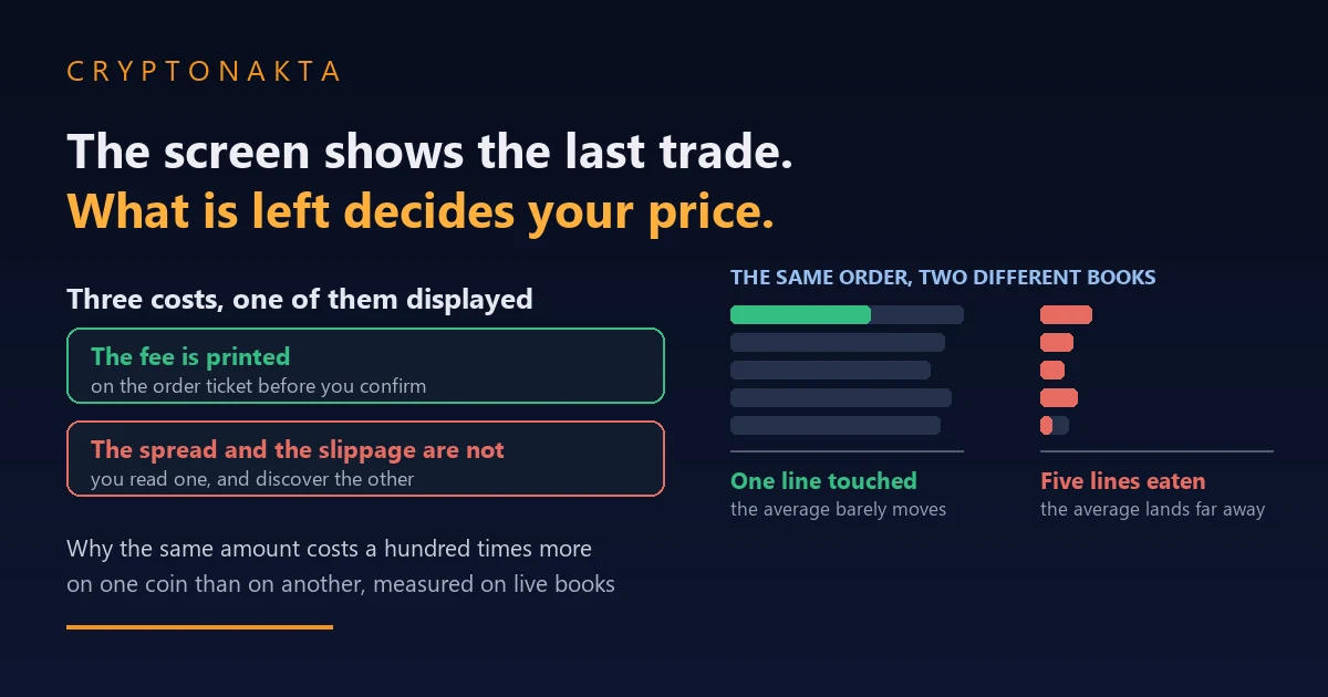Cover image for a guide to order books, market depth and slippage on crypto exchanges. On the right two miniature order books stand side by side under the heading that the same order meets two different books: in the first, thick bars of resting quantity mean only one line is touched and the average price barely moves, while in the second, thin bars mean five lines are eaten and the average lands far away. On the left two cards separate the three costs of a trade, noting that the fee is printed on the order ticket before the trade is confirmed while the spread and the slippage are not, one being read off the book and the other discovered afterwards. The headline reads that the screen shows the last completed trade and that what is left resting decides the price a buyer actually gets, with lines below explaining that the article shows why the same amount of money can cost a hundred times more on one coin than on another, measured on live order books - Cryptonakta
