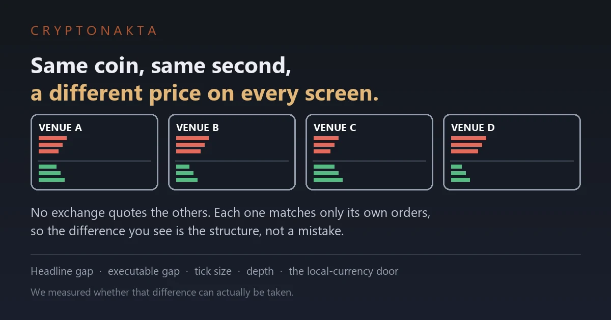 Cover image for an article on why crypto prices differ between exchanges. Under the line that the same coin at the same second carries a different price on every screen, four small order book cards are shown side by side, each holding its own sell orders above and buy orders below at slightly different levels, illustrating that no exchange quotes the others and each matches only its own orders, with a closing line stating that the visible difference comes from that structure rather than from a mistake and that the article measures whether the difference can actually be taken - Cryptonakta