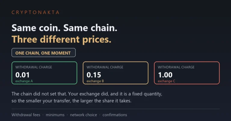 Cover image for a guide to what it costs to move crypto between exchanges. Under the line that the coin and the chain are the same while three prices are not, a label marks one chain at one moment and three chips show withdrawal charges of one hundredth, fifteen hundredths and a full unit at three different exchanges, with a closing line explaining that the chain did not set those numbers, that the exchange did, and that because the charge is a fixed quantity the smaller the transfer the larger the share it takes - Cryptonakta
