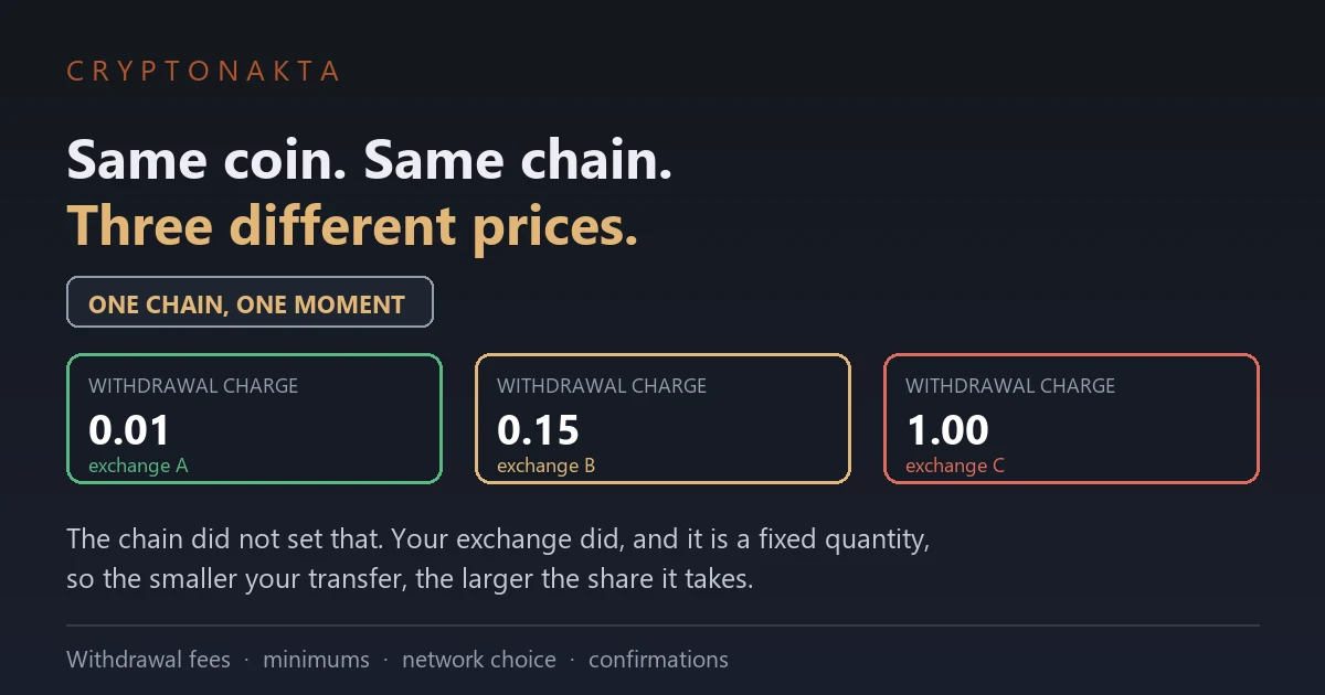 Cover image for a guide to what it costs to move crypto between exchanges. Under the line that the coin and the chain are the same while three prices are not, a label marks one chain at one moment and three chips show withdrawal charges of one hundredth, fifteen hundredths and a full unit at three different exchanges, with a closing line explaining that the chain did not set those numbers, that the exchange did, and that because the charge is a fixed quantity the smaller the transfer the larger the share it takes - Cryptonakta