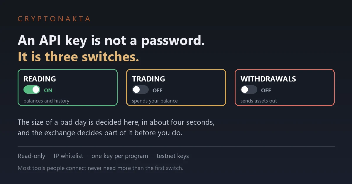 Cover image for a guide to exchange API key permissions. Under the line that an API key is not a password but three switches, three toggle cards show reading switched on for balances and history, trading switched off because it spends your balance, and withdrawals switched off because it sends assets out of the account, with a closing line explaining that the size of a bad day is decided at this screen in about four seconds and that the exchange decides part of it before you do - Cryptonakta