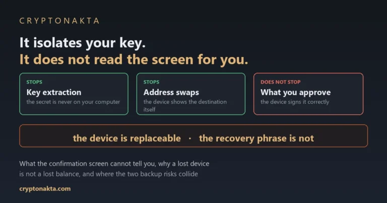 Cover image for a guide to hardware wallet security. The headline states that the device isolates your key but does not read the screen for you. Three cards below sort the protection: two marked as stopped read key extraction, because the secret is never on your computer, and address swaps, because the device shows the destination itself, while the third is marked as not stopped and reads what you approve, because the device signs it correctly. A wide panel underneath states that the device is replaceable and the recovery phrase is not. Lines at the foot say the article covers what the confirmation screen cannot tell you, why a lost device is not a lost balance, and where the two backup risks collide - Cryptonakta
