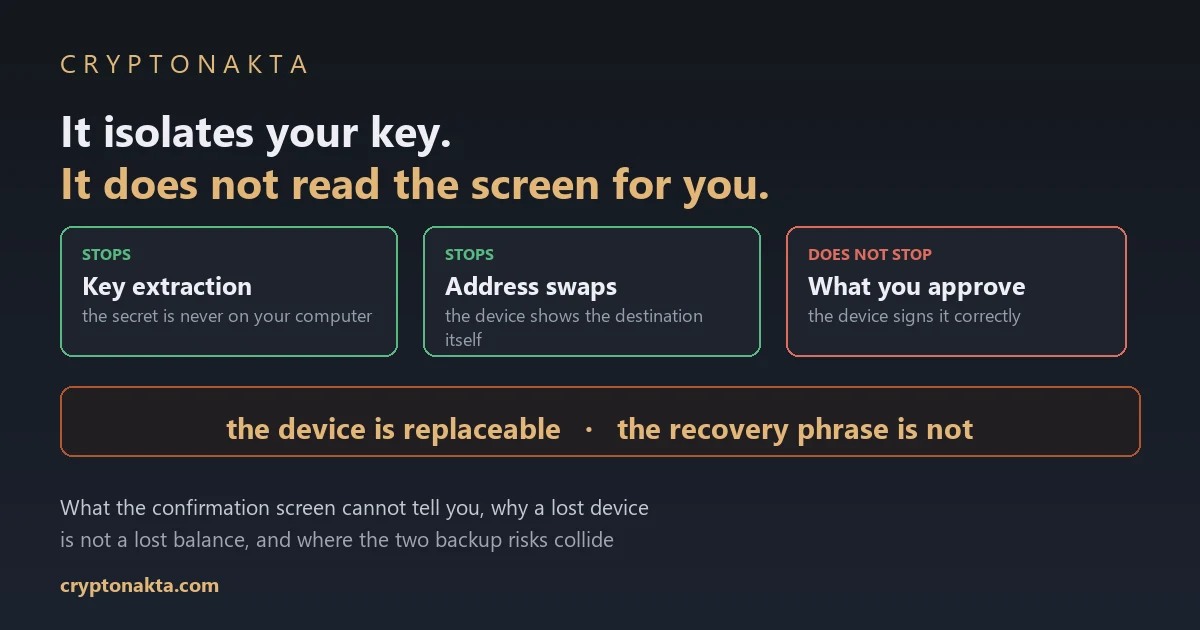 Cover image for a guide to hardware wallet security. The headline states that the device isolates your key but does not read the screen for you. Three cards below sort the protection: two marked as stopped read key extraction, because the secret is never on your computer, and address swaps, because the device shows the destination itself, while the third is marked as not stopped and reads what you approve, because the device signs it correctly. A wide panel underneath states that the device is replaceable and the recovery phrase is not. Lines at the foot say the article covers what the confirmation screen cannot tell you, why a lost device is not a lost balance, and where the two backup risks collide - Cryptonakta