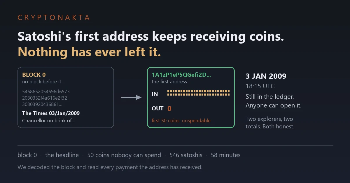 Cover image for an article on the first bitcoin address, the genesis address. Under the line that Satoshi's first address keeps receiving coins and that nothing has ever left it, a diagram shows block zero with a line of hexadecimal that decodes to the Times headline of 3 January 2009, an arrow, and the address 1A1zP1eP5QGefi2DMPTfTL5SLmv7DivfNa with many small incoming payments, zero outgoing payments and a note that the first fifty coins can never be spent - Cryptonakta