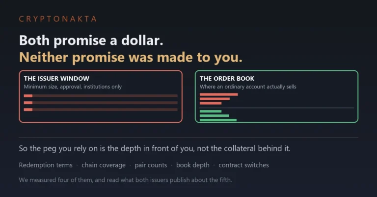 Cover image for an article comparing the two dollar stablecoins. Under the line that both promise a dollar and neither promise was made to the reader, two cards sit side by side. The left card shows the issuer redemption window drawn as barred and closed, labelled with minimum size, approval and institutions only. The right card shows an exchange order book drawn as open, with sell orders above and buy orders below, labelled as where an ordinary account actually sells. A closing line states that the peg a holder relies on is the depth in front of them rather than the collateral behind the token, and lists what the article covers: chain coverage, pair counts, book depth and contract switches, all measured, plus the redemption terms read from the issuers own pages - Cryptonakta